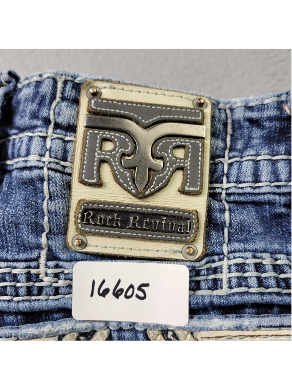 Rock Revival Triton Slim Straight Jeans Mens 32x30 Blue Embroidered Fleur De Lis - Picture 14 of 14